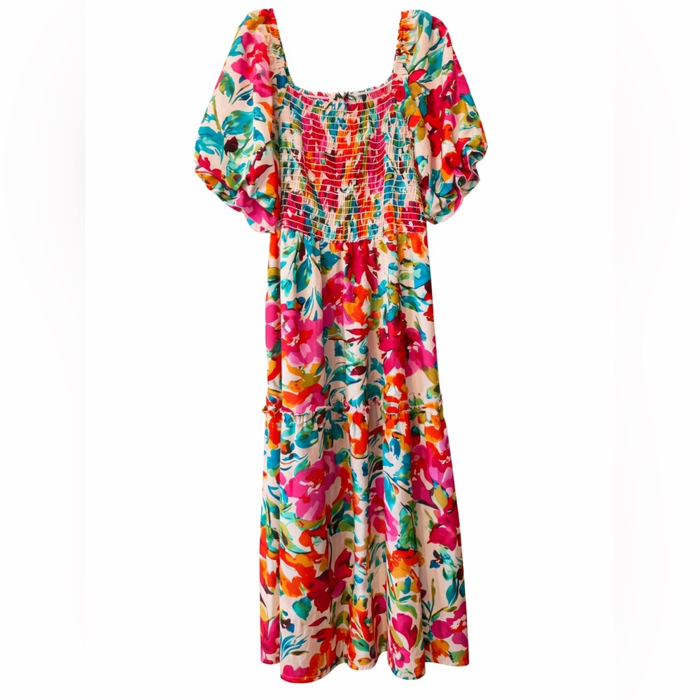 Fashion Bug Multicolor Floral Midi Dress in Pink, Orange, Teal, Red